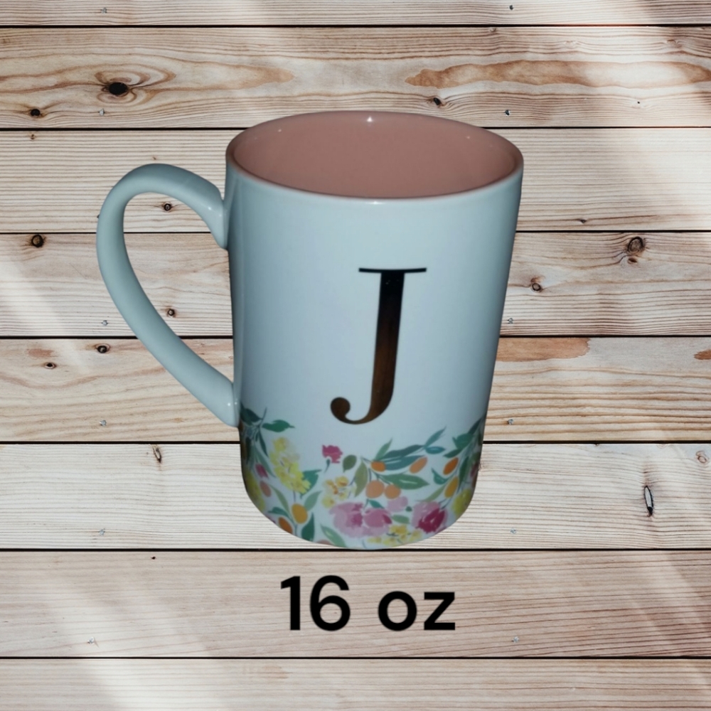 Floral Monogram 'J' Mug - Pink and White
